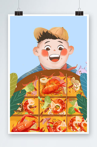 红色夏日扁平风小男孩吃小龙虾商品营销插画
