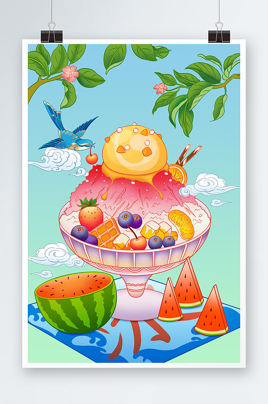 蓝绿清新中国风刨冰美食插画