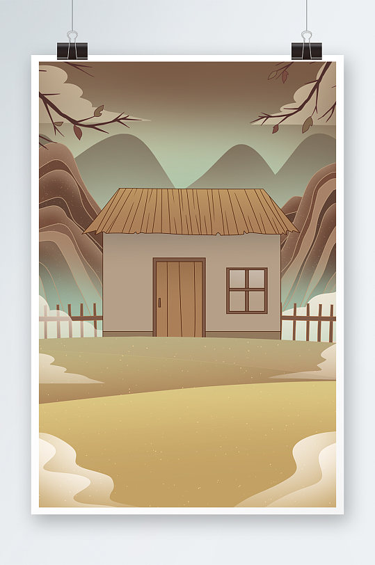 棕色荒山野岭复古传统乡村茅草房插画背景