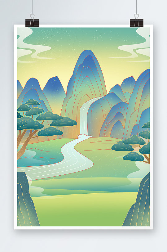 青绿山水中国风风景平原溪流插画背景