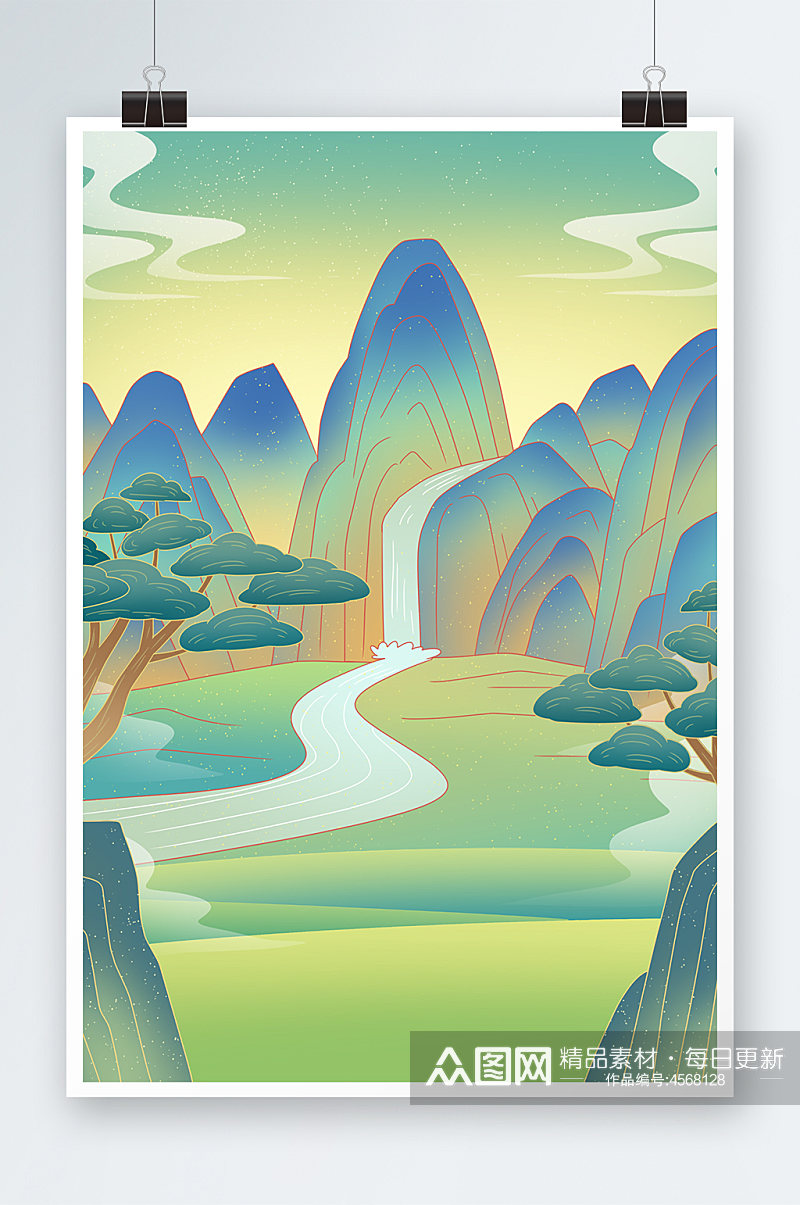 青绿山水中国风风景平原溪流插画背景素材