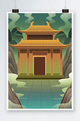 黄色阴暗山水寺庙传统建筑中国风插画背景
