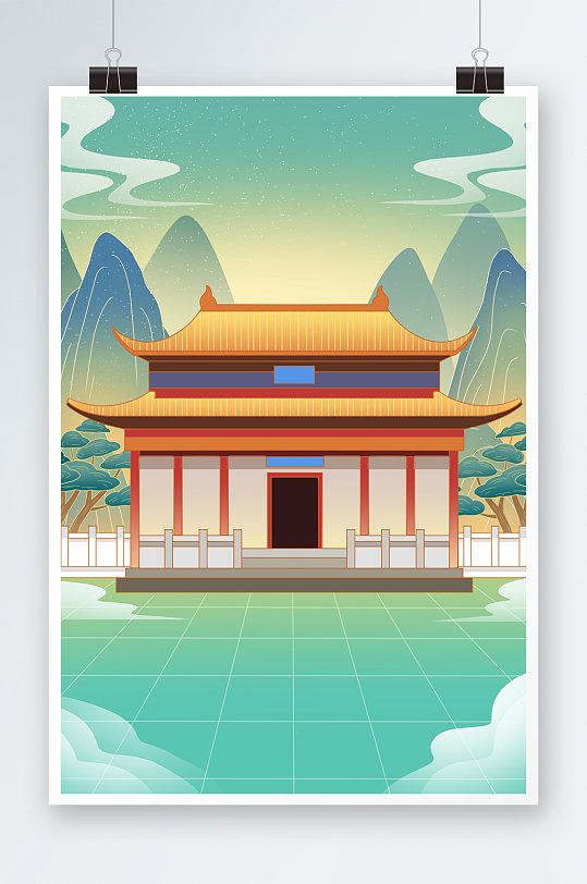 绿色扁平中国风山水宫殿插画背景传统建筑