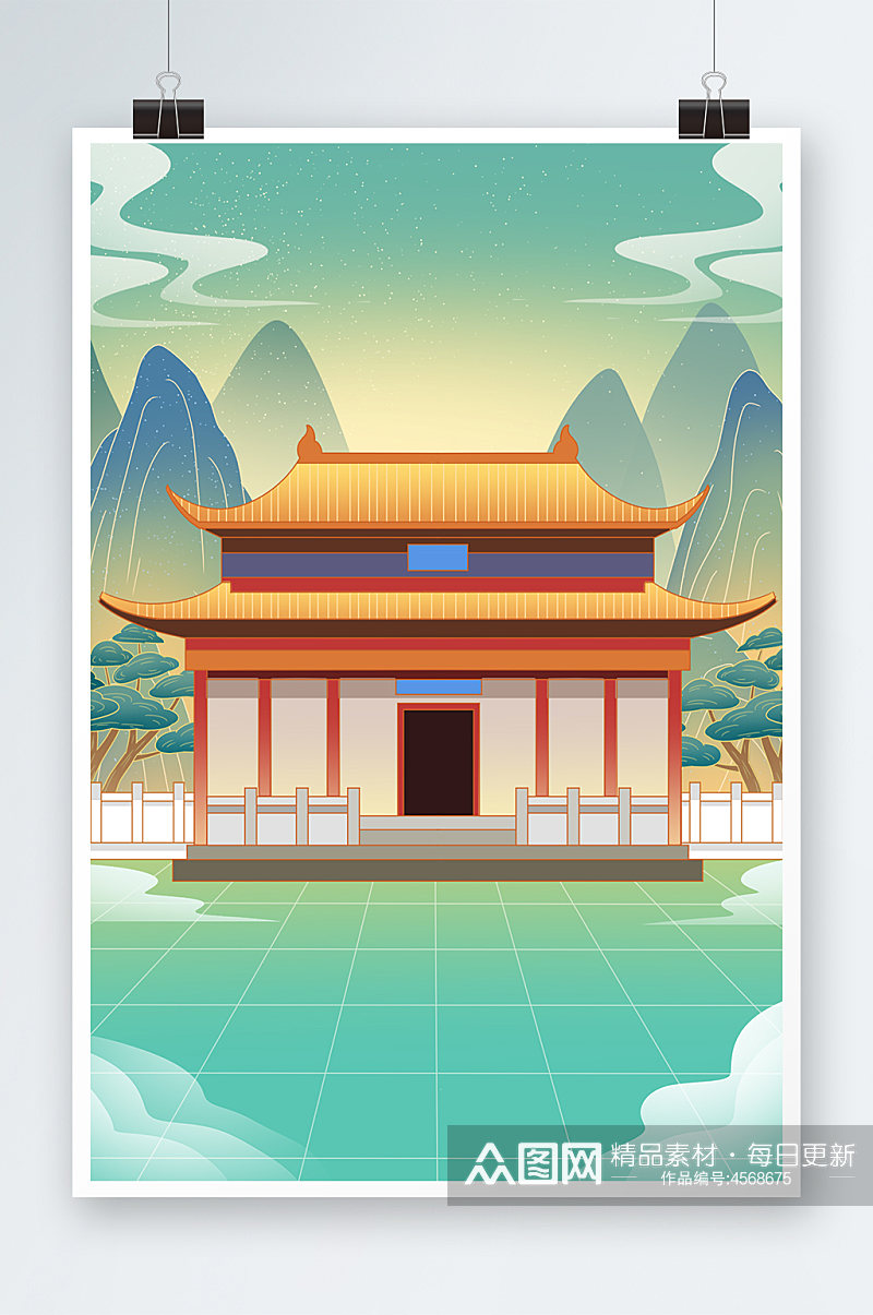 绿色扁平中国风山水宫殿插画背景传统建筑素材