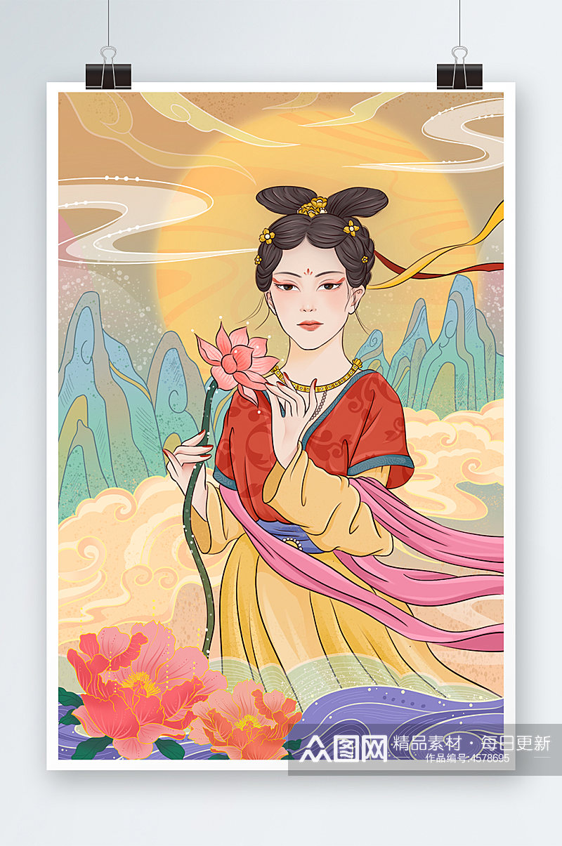 彩色典雅中国风古风美女插画素材