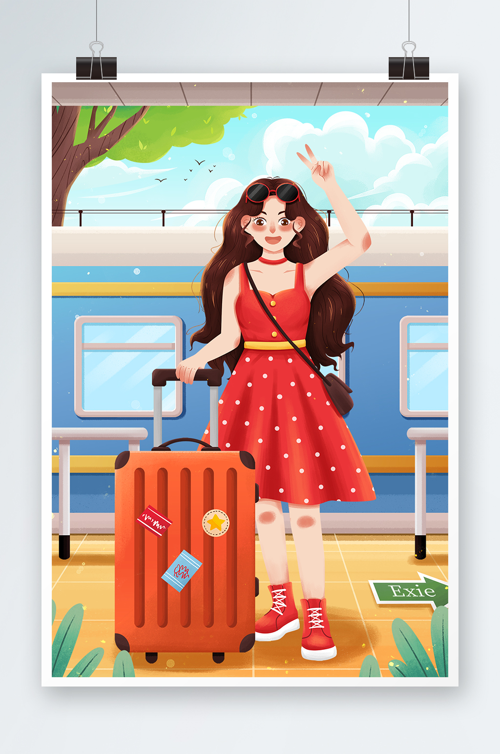 清新夏季出游旅游行李箱女孩列车车站插画素材