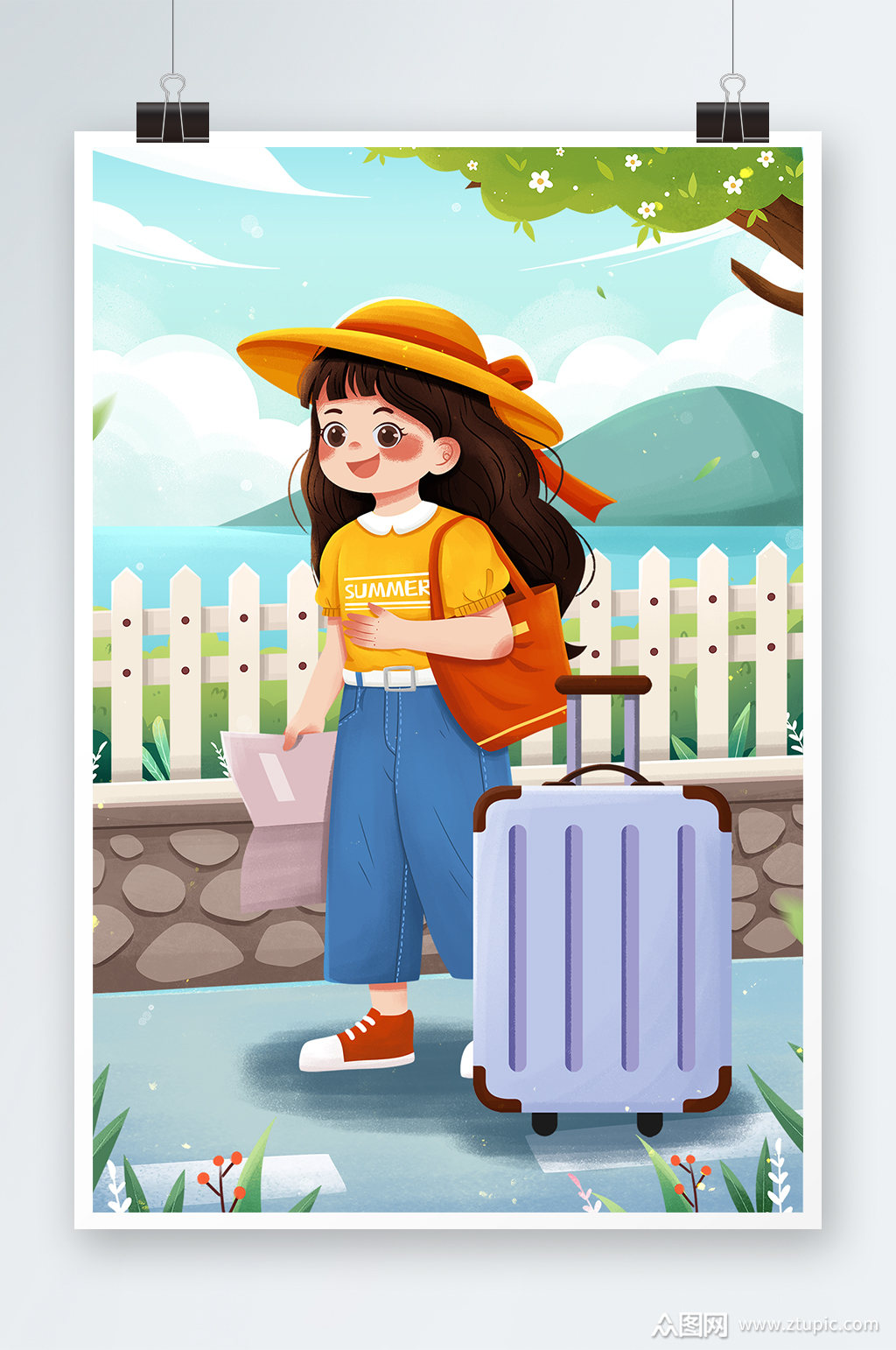 清新旅游行旅箱女孩旅行夏季出游插画模板下载-编号4583034-众图网