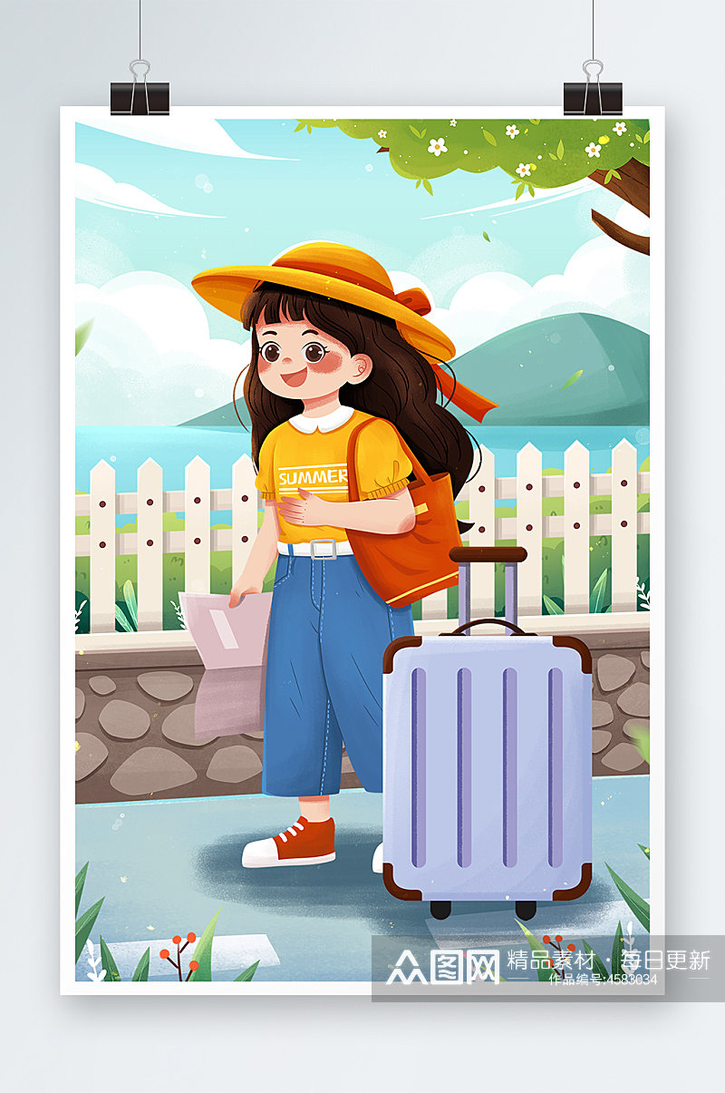 清新旅游行旅箱女孩旅行夏季出游插画素材