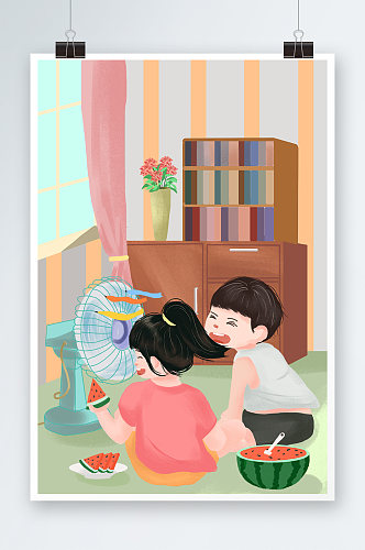 24节气大暑房间姐弟吃西瓜场景插画