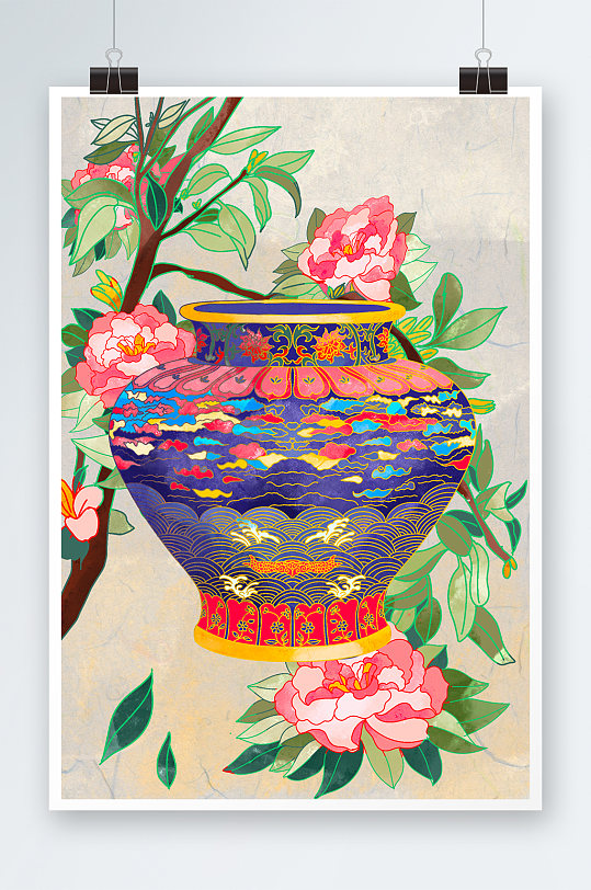 国风瓷器海棠花中国风国潮古典工艺美术