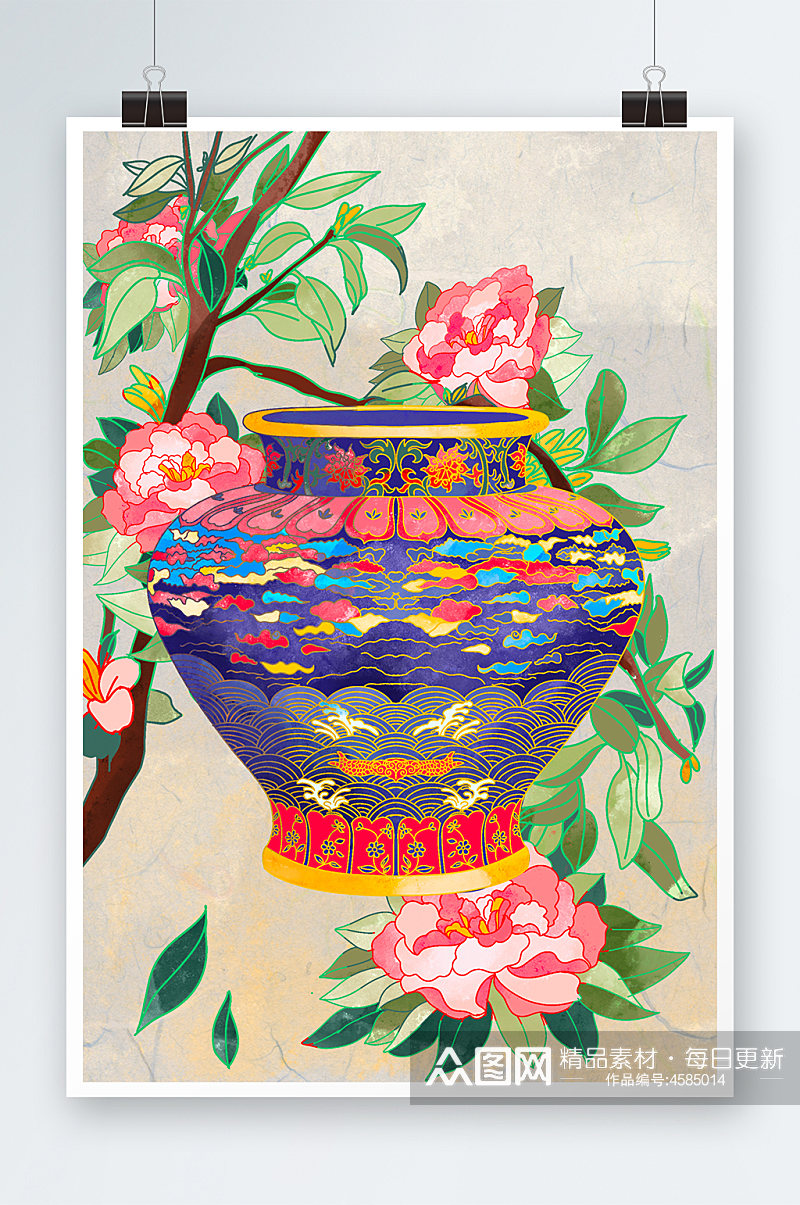 国风瓷器海棠花中国风国潮古典工艺美术素材