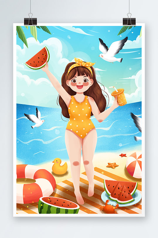 二十四节气大暑海边泳衣女孩吃西瓜插画