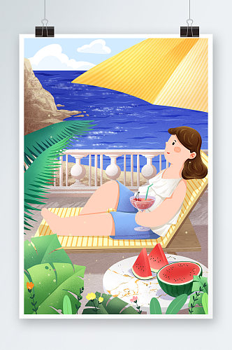 旅游度假海边悠闲解暑西瓜饮料植物海边插画