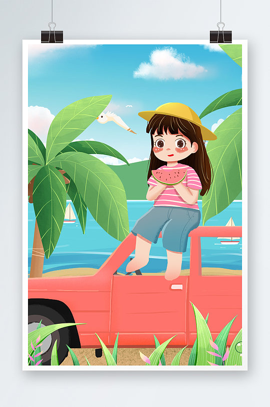 旅游户外兜风女孩敞篷跑车椰子树蓝天插画
