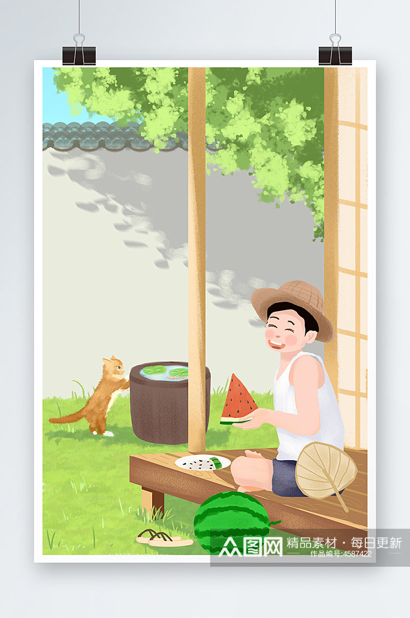 大暑24节气午后庭院夏日吃西瓜男生插画素材