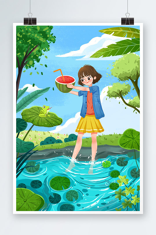 卡通插画凉爽大暑二十四节气创意海报小暑蓝色凉爽二十四节气泳池插画