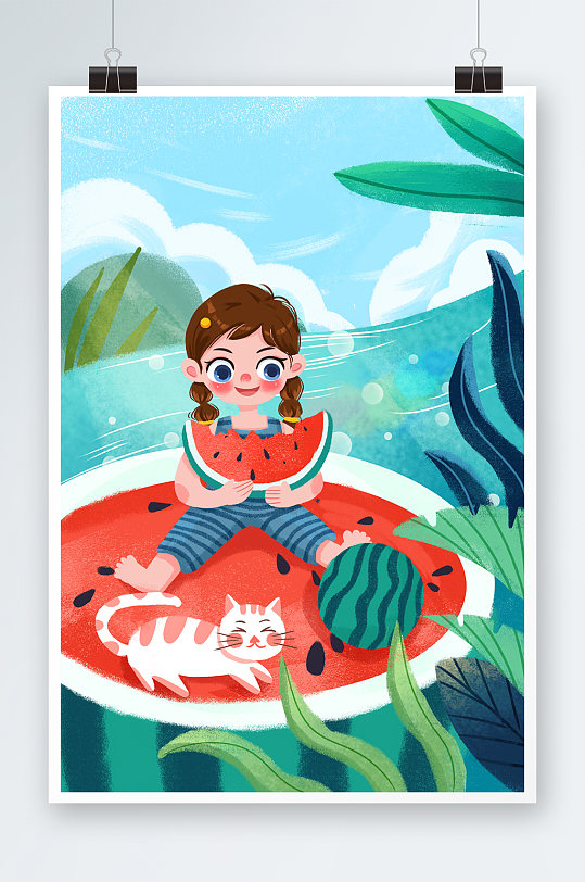 大气凉爽荷花小暑节气海报立即下载夏天卡通插画凉爽大暑二十四节气