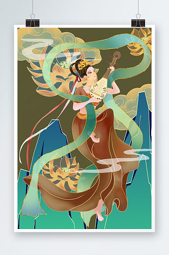 中国风古风敦煌美女仙女乐器琵琶插画