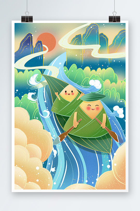 端午節(jié)綠色粽子粽葉劃船卡通國(guó)潮插畫