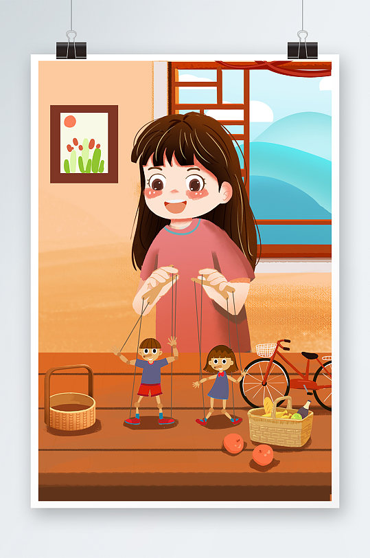 中国传统文化艺术木偶戏小女孩玩木偶插画