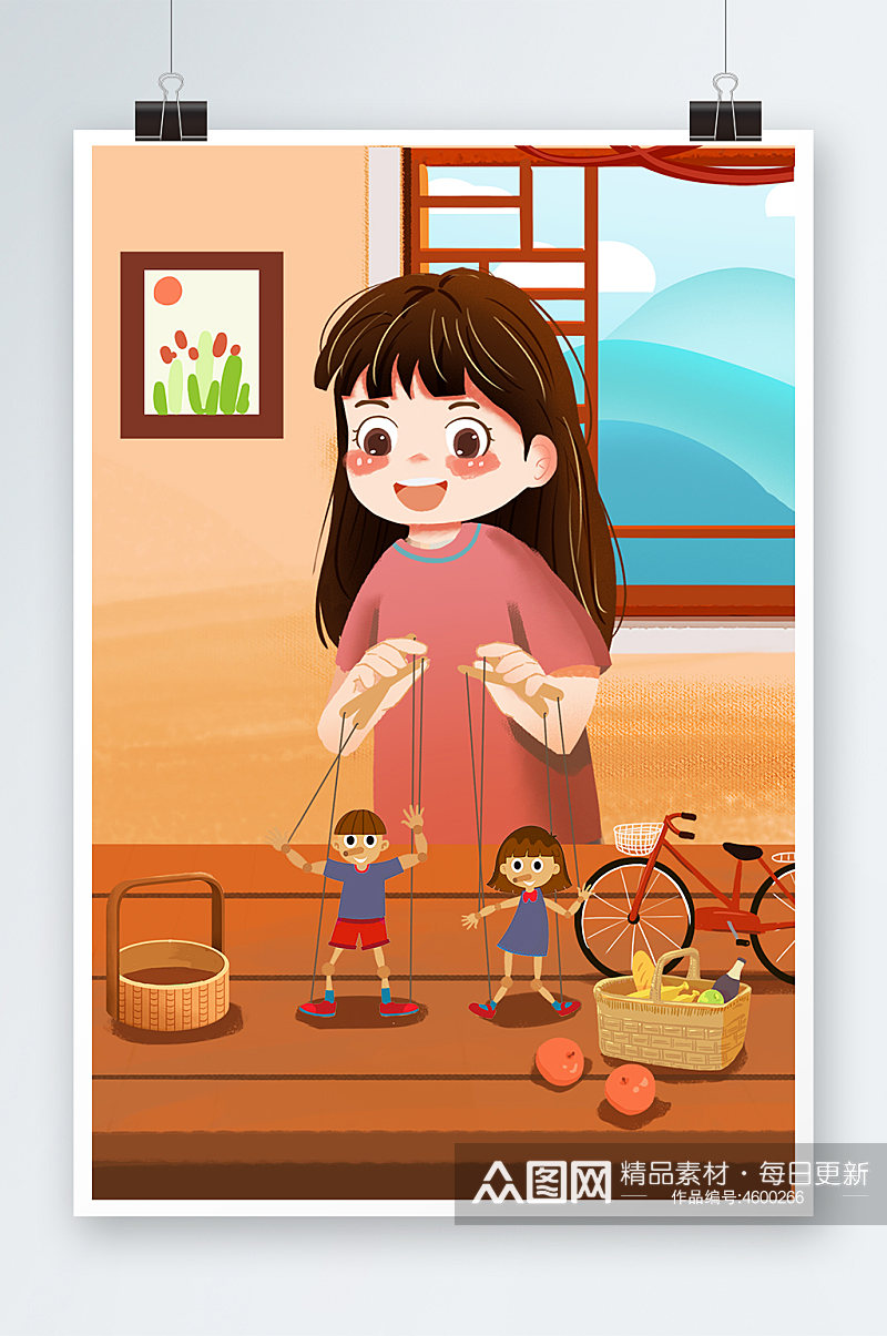中国传统文化艺术木偶戏小女孩玩木偶插画素材