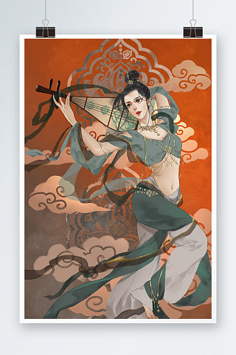 棕绿中国风敦煌美女反弹琵琶插画