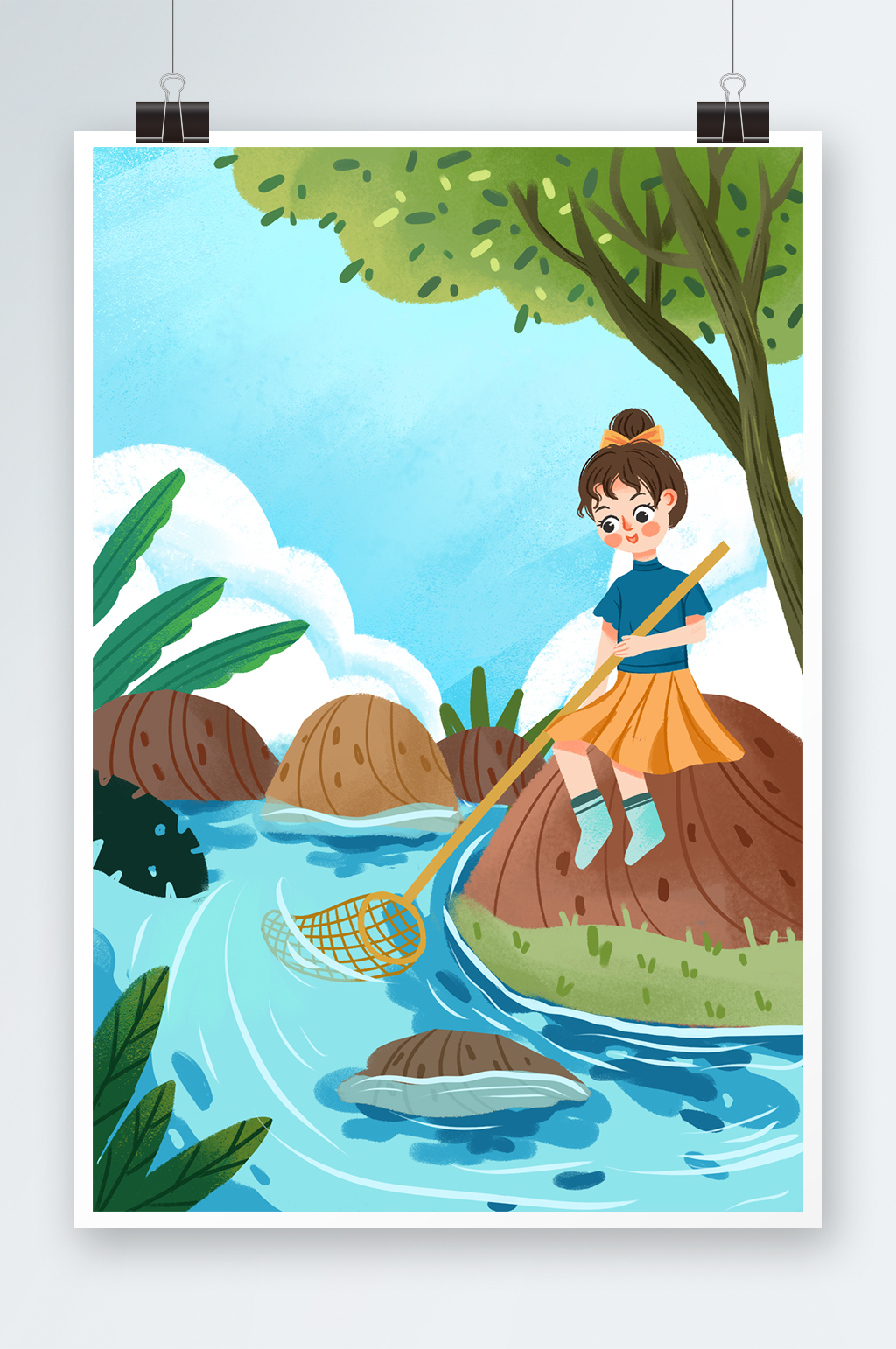 蓝色唯美清新扁平风二十四节气之夏至插画素材