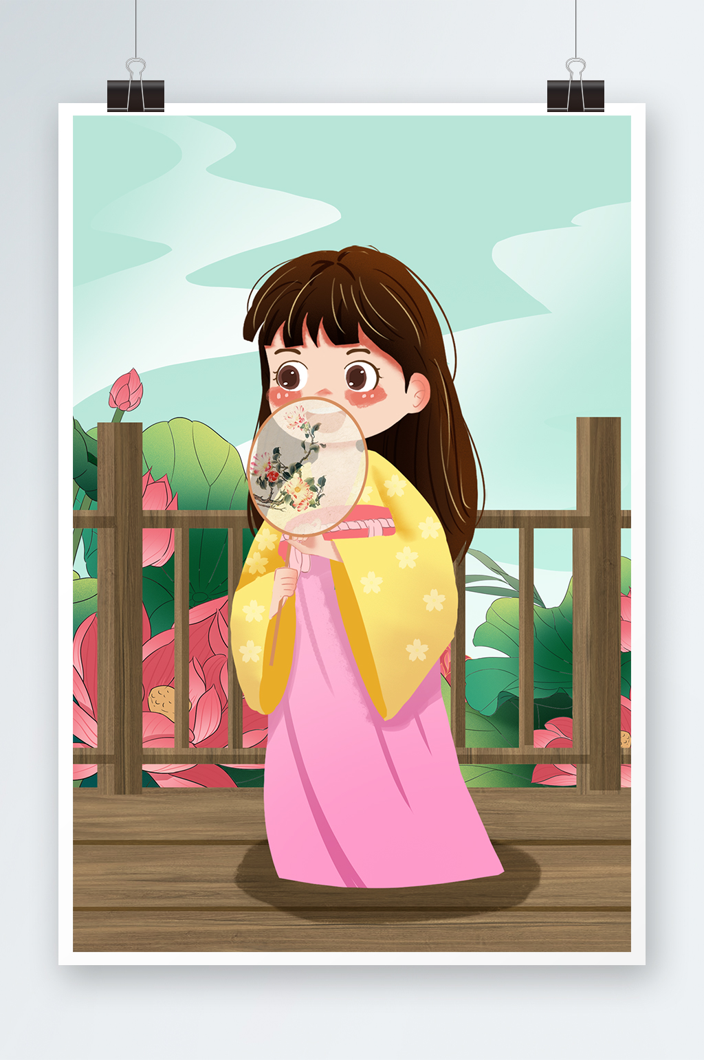 中国传统文化刺绣古风汉服女装彩色花卉插画素材