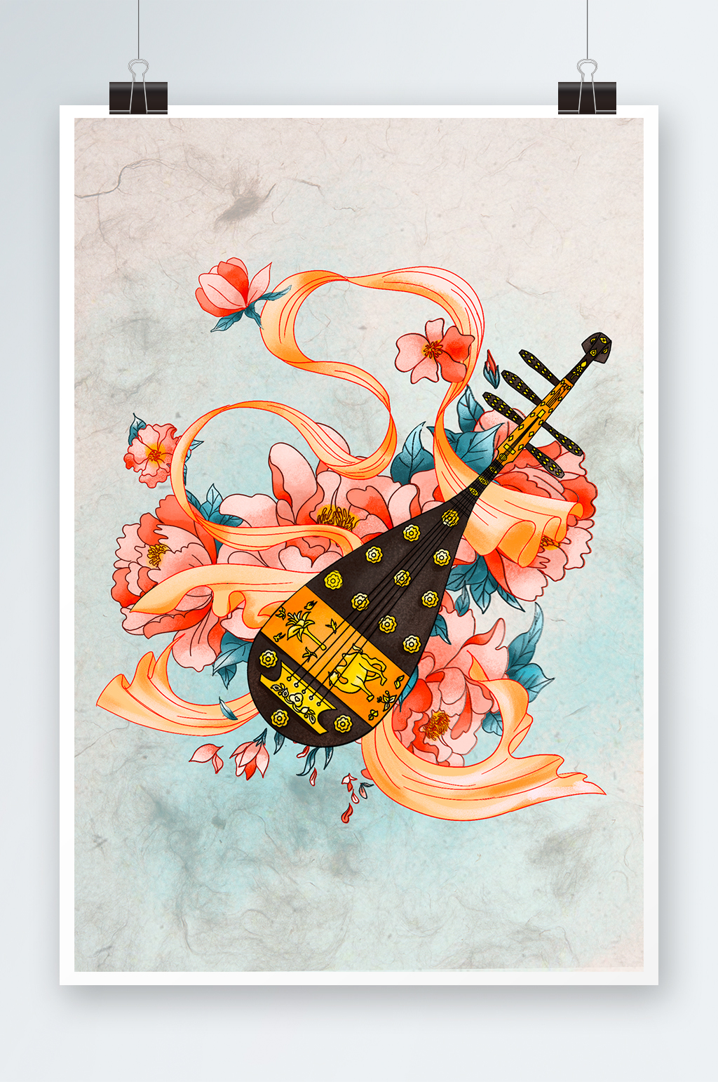 红色系敦煌国风琵琶牡丹插画素材
