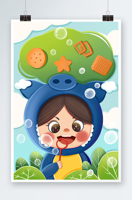 蓝色系扁平风萌娃吹泡泡儿童节插画-众图网