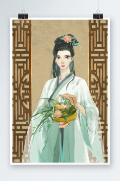 绿色中国古风端午节美女插画