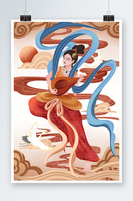 红色中国风敦煌飞天仙女插画