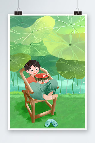 夏至节气荷叶池塘小男孩吃西瓜插画