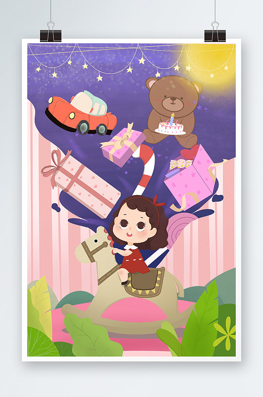 粉色温馨可爱女孩儿童节插画-众图网