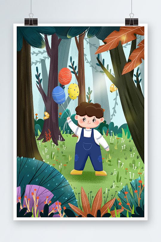 儿童节小男孩树林气球游玩郊外花卉阳光插画