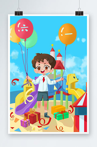 小朋友欢度六一节气球游乐场沙滩阳光插画