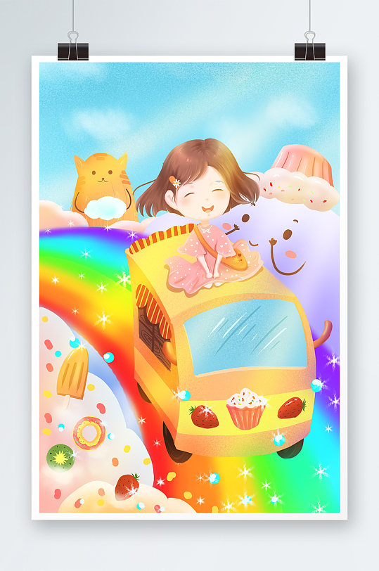 蓝色清新可爱风儿童节插画-众图网