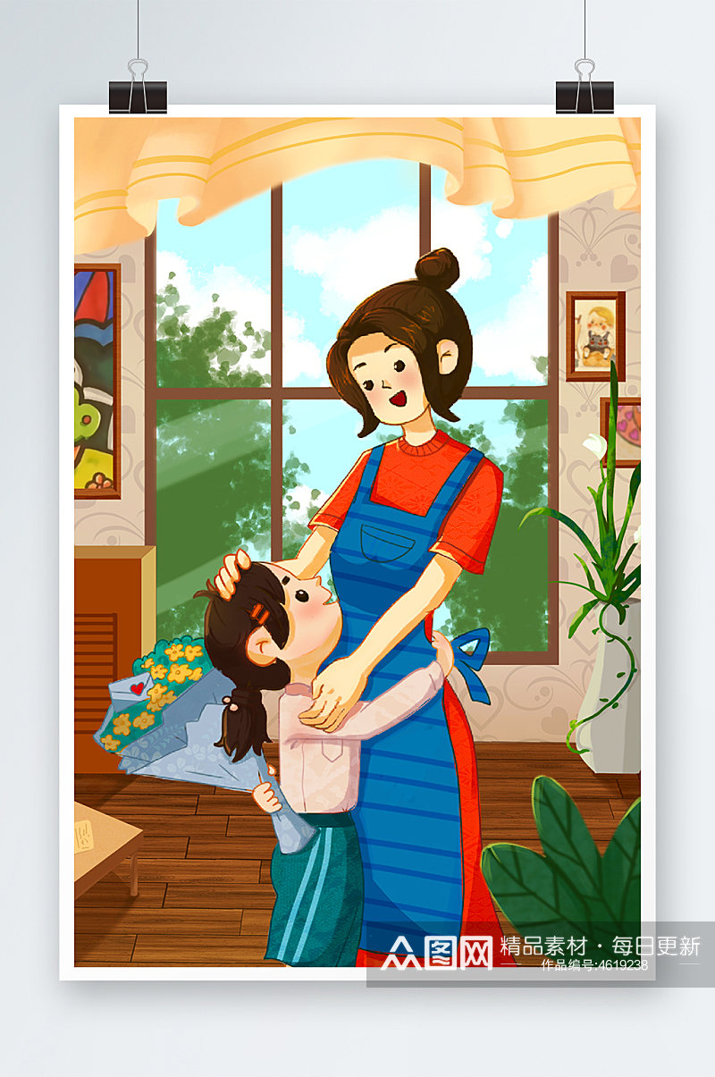 母亲节母女拥抱可爱聪明温暖亲情窗户插画素材