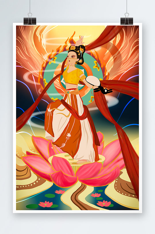中国风绚丽敦煌飞天美女莲花抚琴营销插画