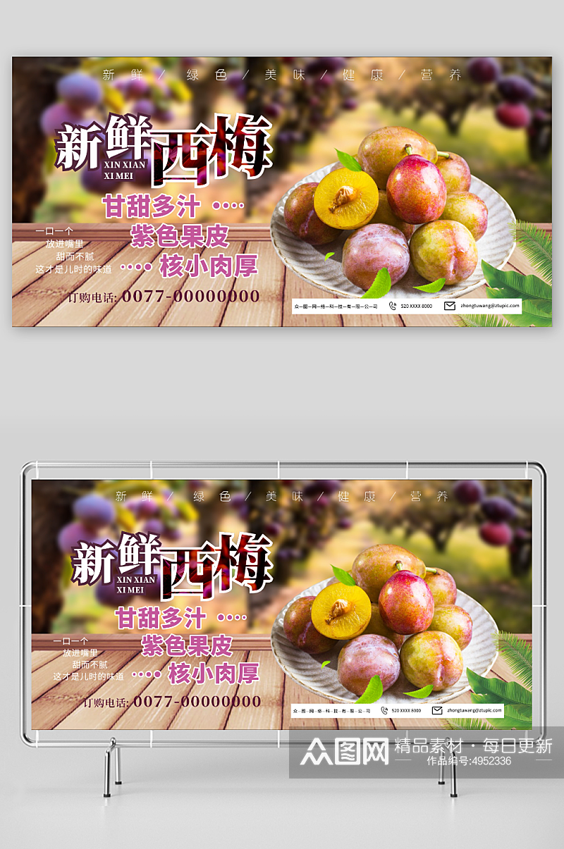 酸甜西梅李子夏季水果果园促销展板素材