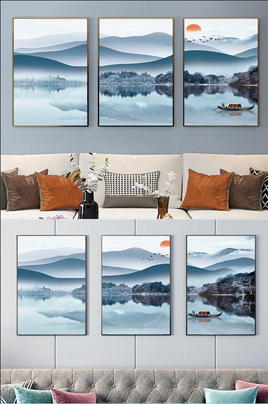 新中式山水单三联装饰画-众图网