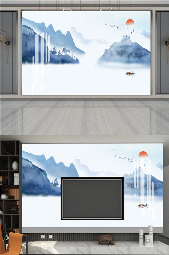 新中式背景墙壁画-众图网