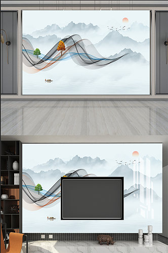 新中式背景墙壁画