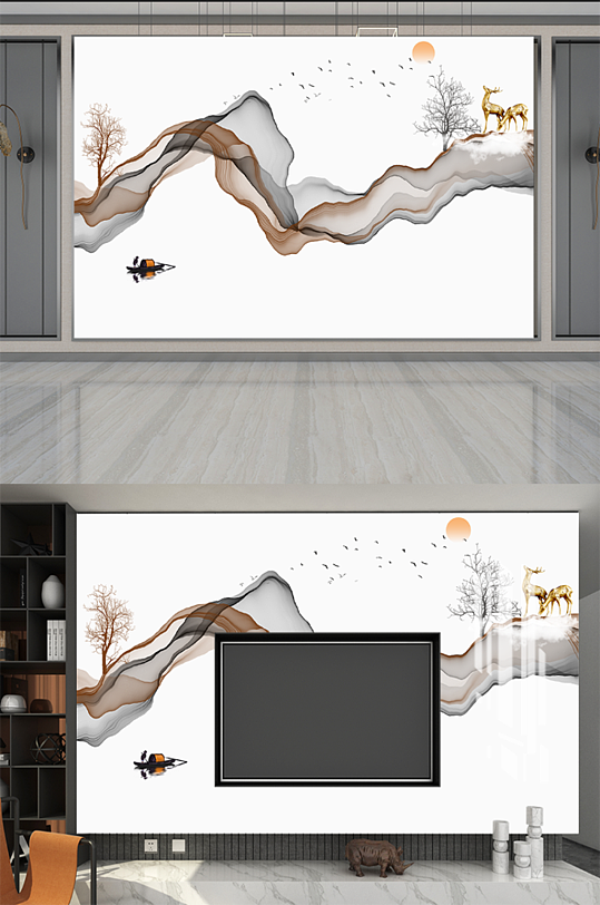 新中式背景墙壁画-众图网