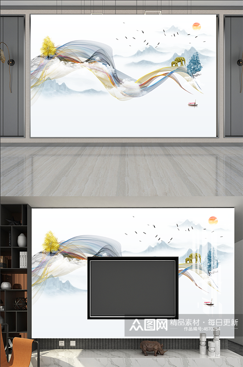 新中式背景墙壁画素材