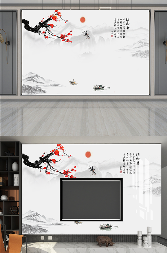 新中式花鸟背景墙-众图网