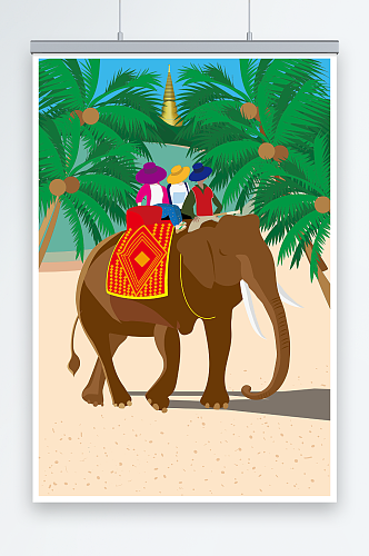 矢量骑大象泰国旅游风光插画
