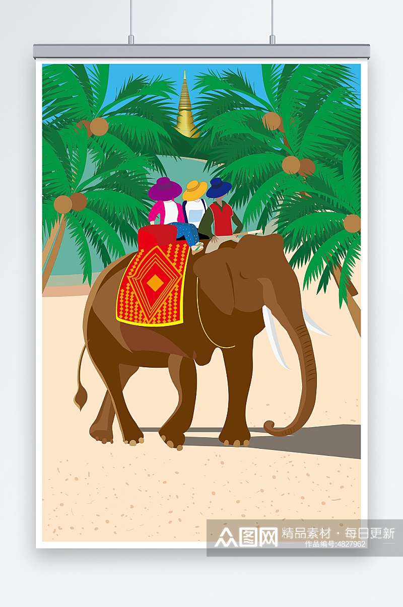 矢量骑大象泰国旅游风光插画素材