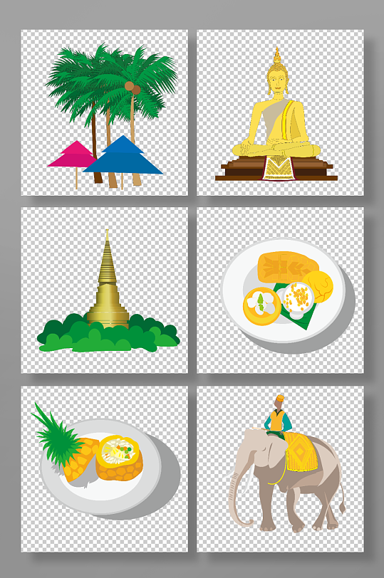 佛像大象椰子树泰国旅游元素插画