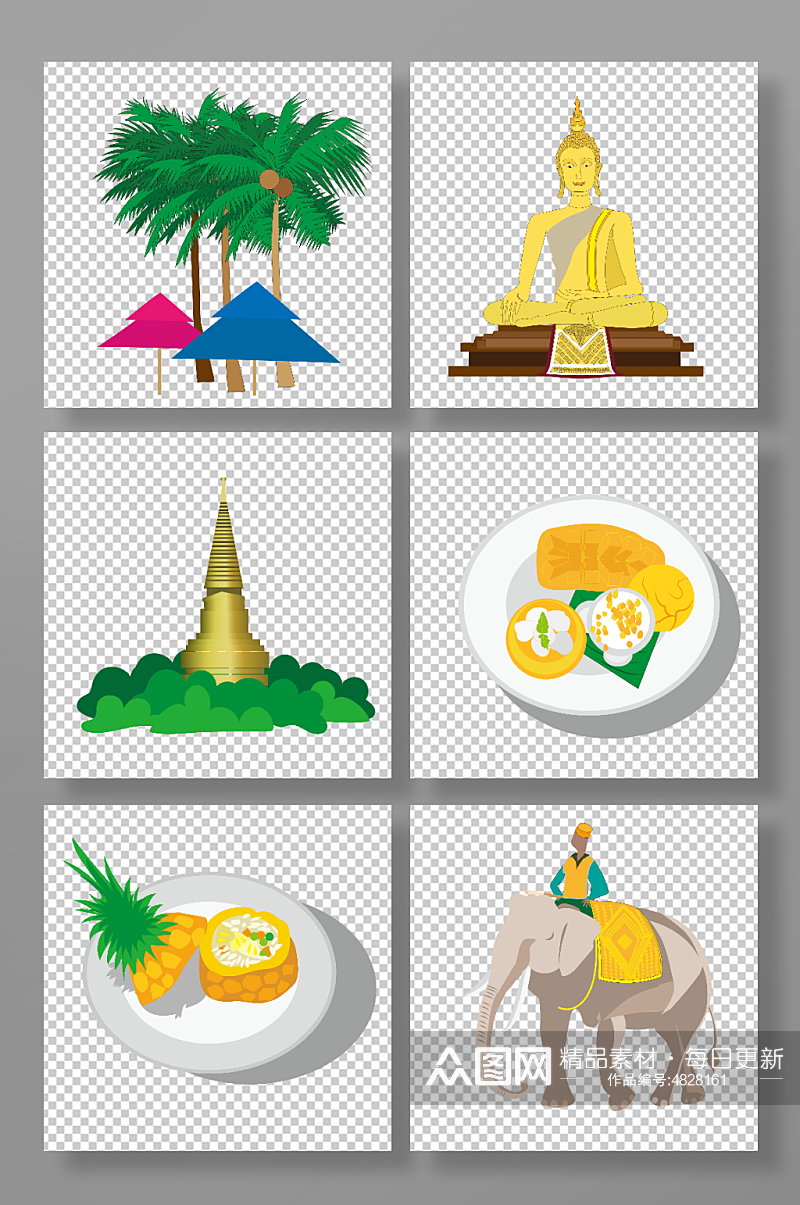 佛像大象椰子树泰国旅游元素插画素材